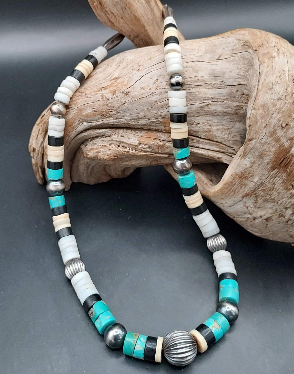 Single Strand Shell, Jet, Turquoise Necklace with Navajo Pearl-Like Beads - NWP2