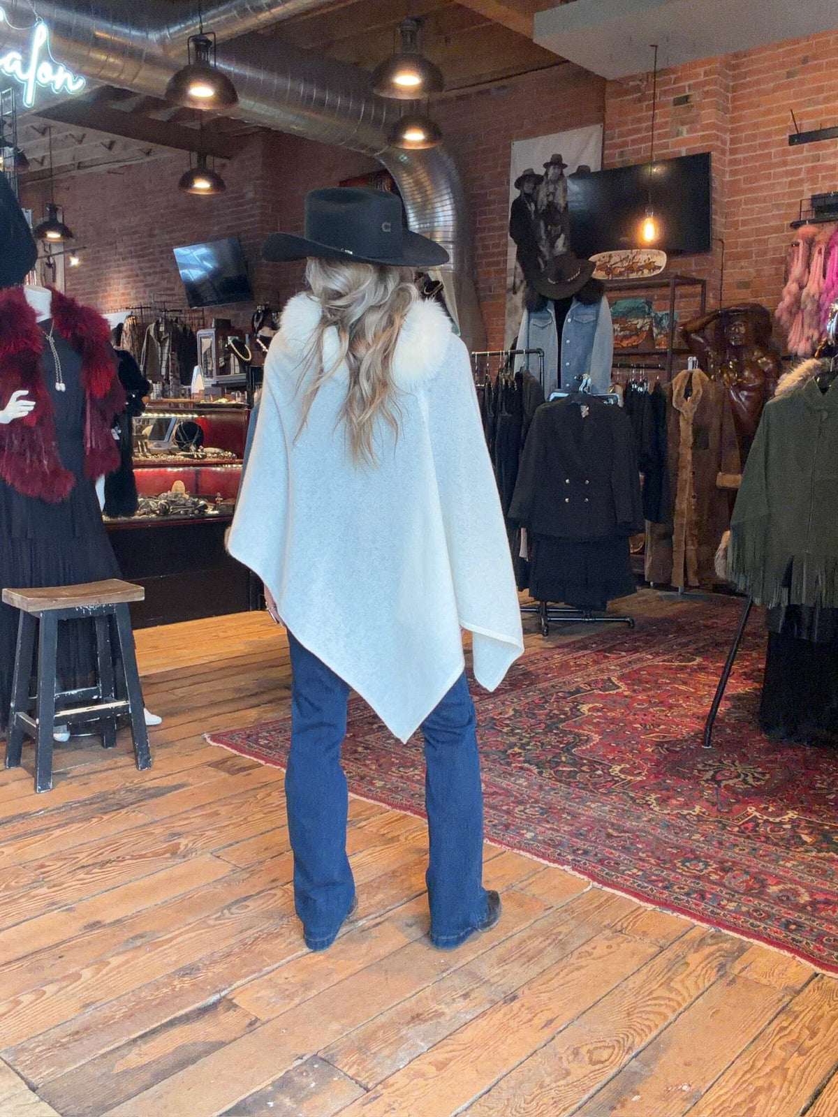 Snow Cashmere/Fox Trimmed Poncho - LXF8388SN