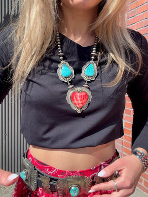 Spiny Oyster Heart/Turquoise/Silver Pearl Necklace - NGE4