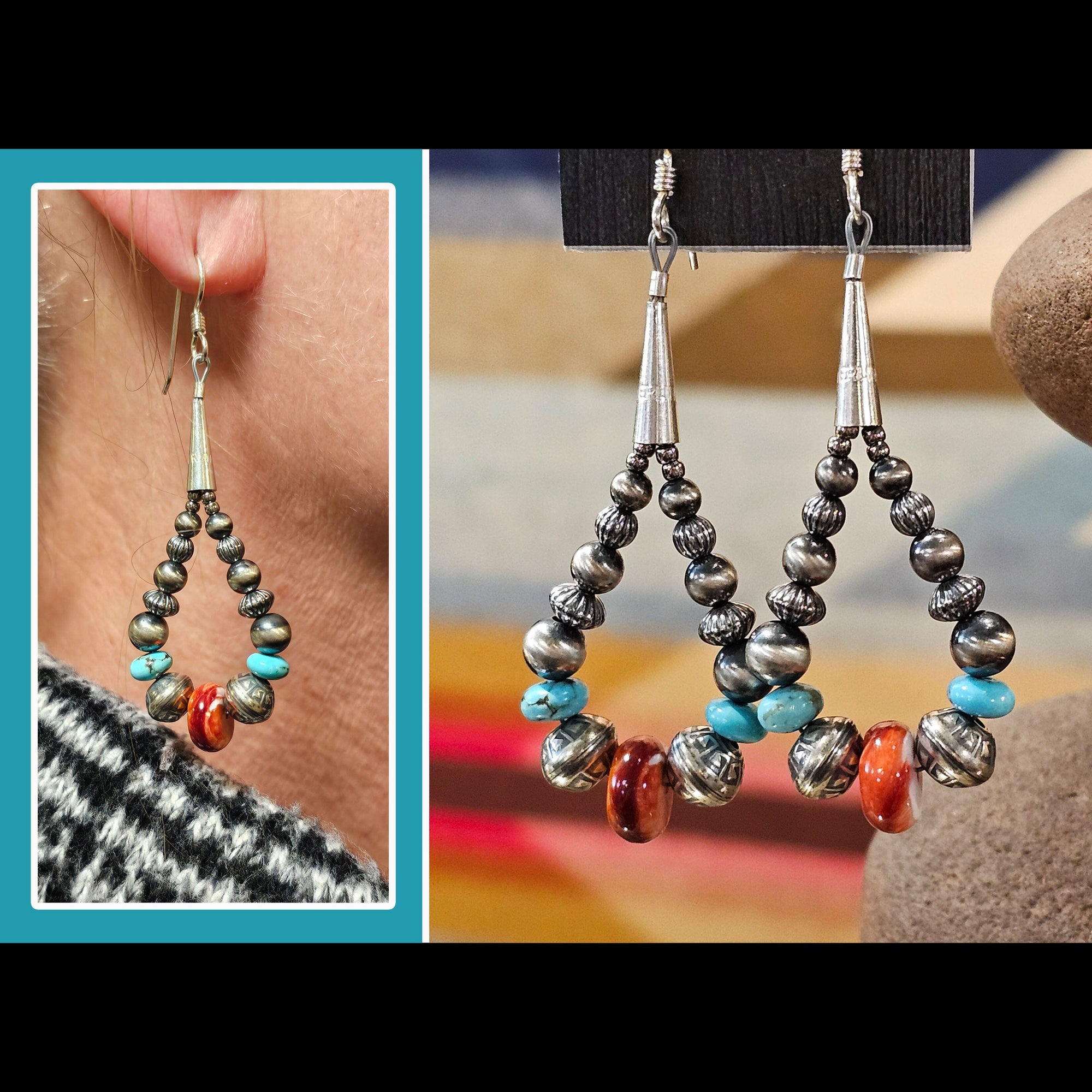 Spiny Oyster, Turquoise and Sterling Silver Pearl Earrings - ESZ152