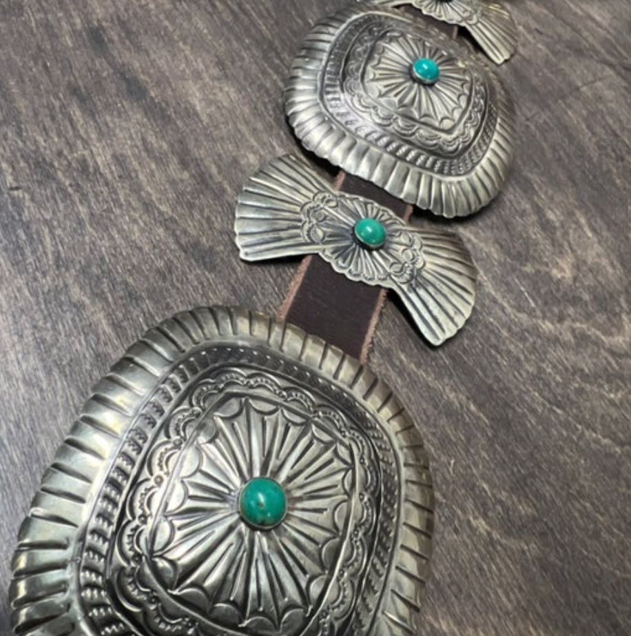 Square Rays/Bows/Turq German Silver Concho Belt - BBAR105