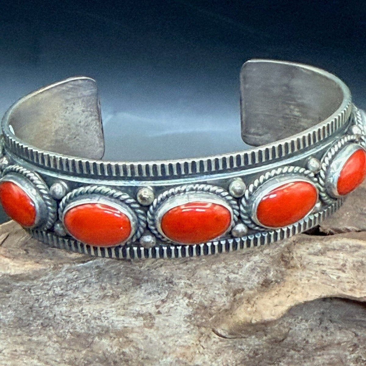 Sterling Silver Coral 7 Stone Cuff - Alvin Jake - CMH238