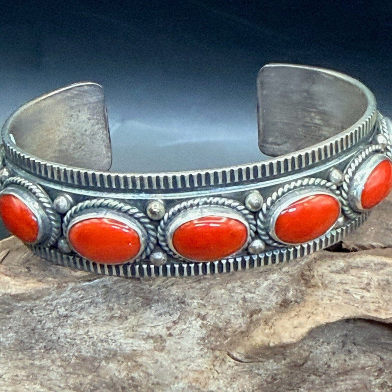 Sterling Silver Coral 7 Stone Cuff - Alvin Jake - CMH238