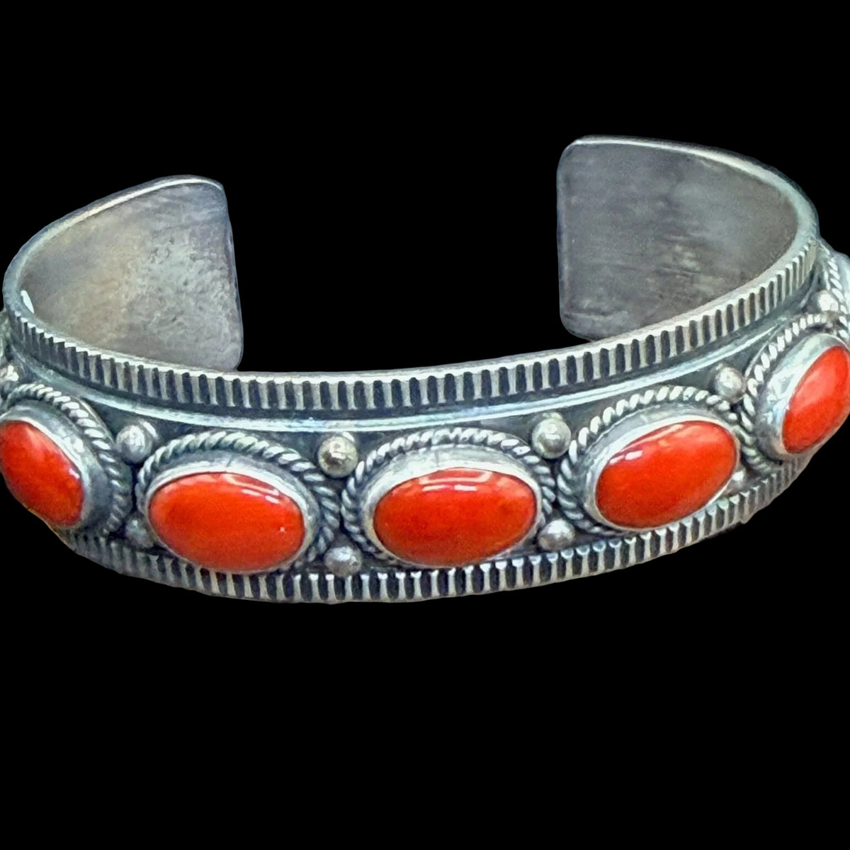 Sterling Silver Coral 7 Stone Cuff - Alvin Jake - CMH238