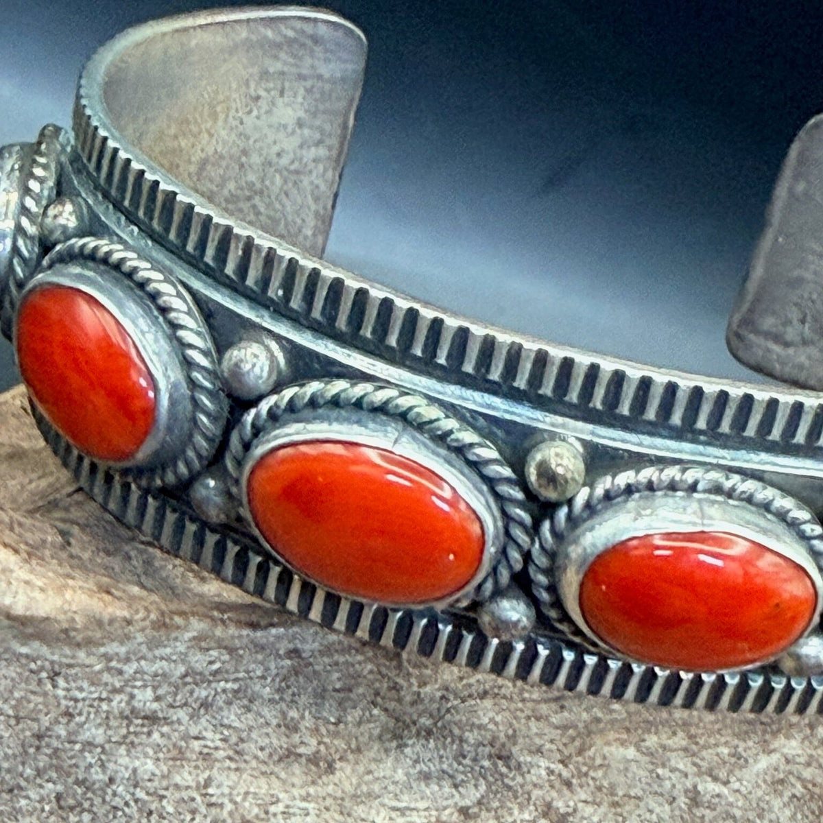 Sterling Silver Coral 7 Stone Cuff - Alvin Jake - CMH238