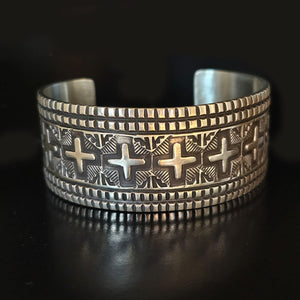 Sterling Silver Cuff with Embossed Overlay Cross - CAZ46