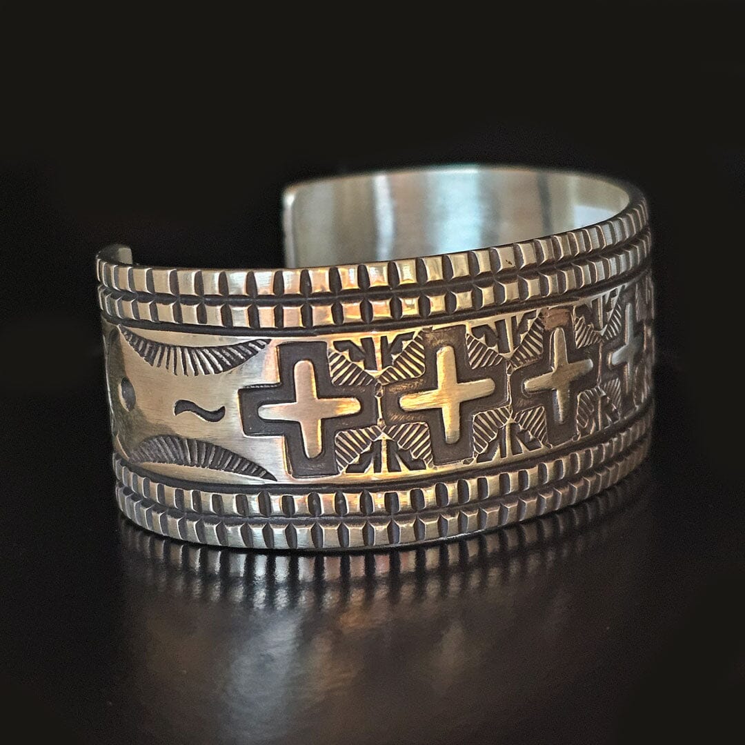 Sterling Silver Cuff with Embossed Overlay Cross - CAZ46