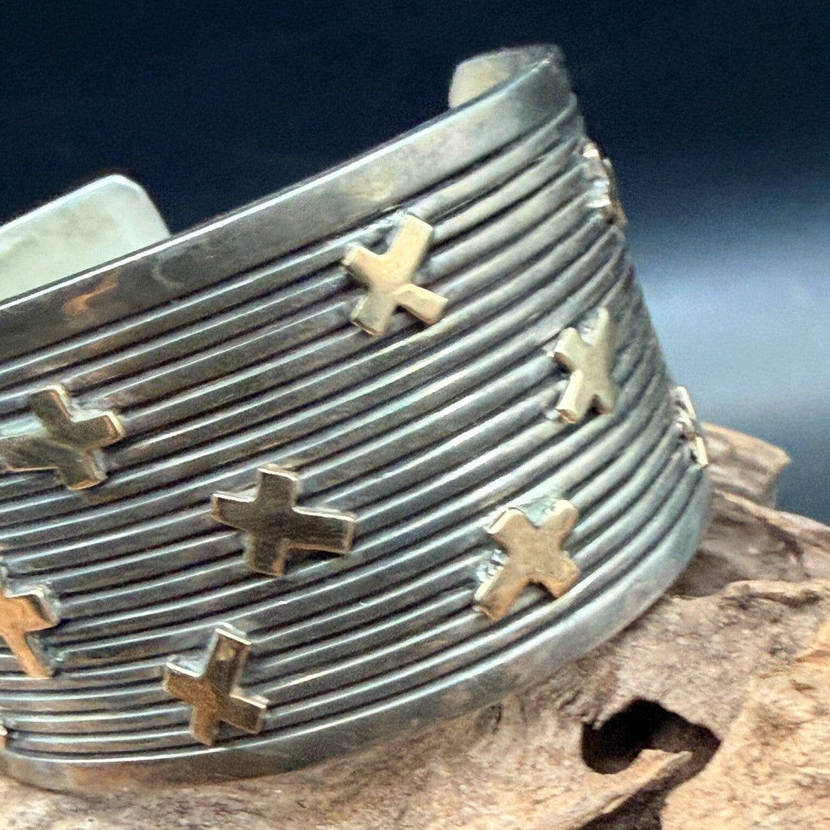 Sterling Silver Ribbed/14K Crosses Cuff - CMH243