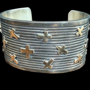 Sterling Silver Ribbed/14K Crosses Cuff - CMH243