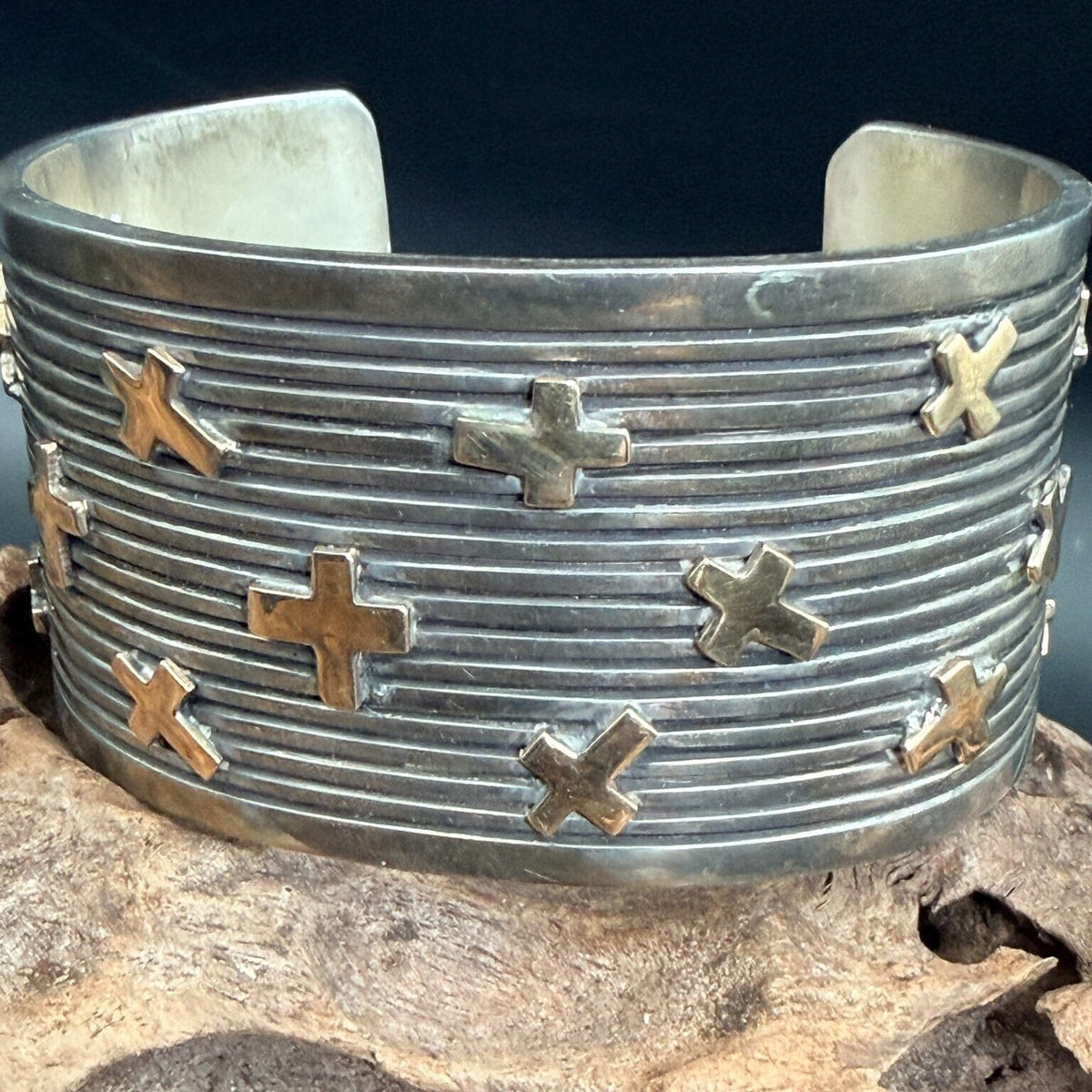 Sterling Silver Ribbed/14K Crosses Cuff - CMH243