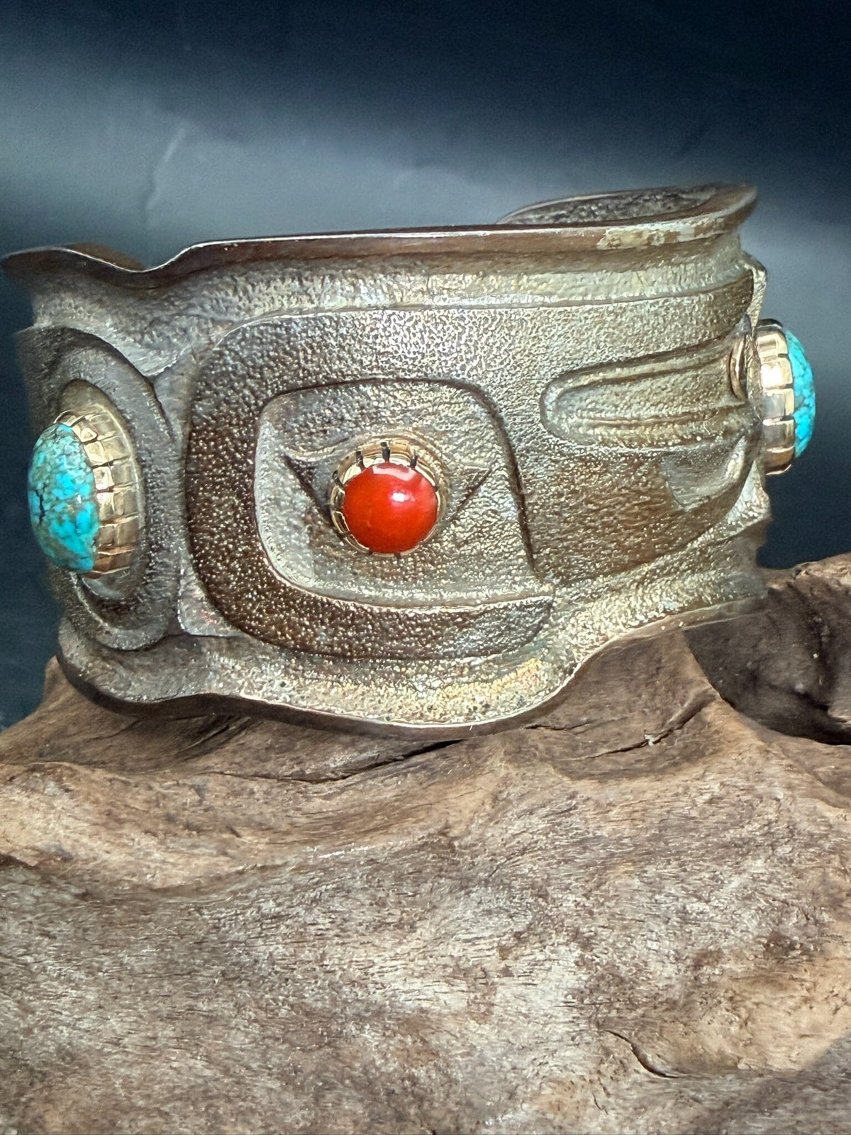 Sterling Silver/14K/Turq/Coral Tufa Cast Cuff - CMH241