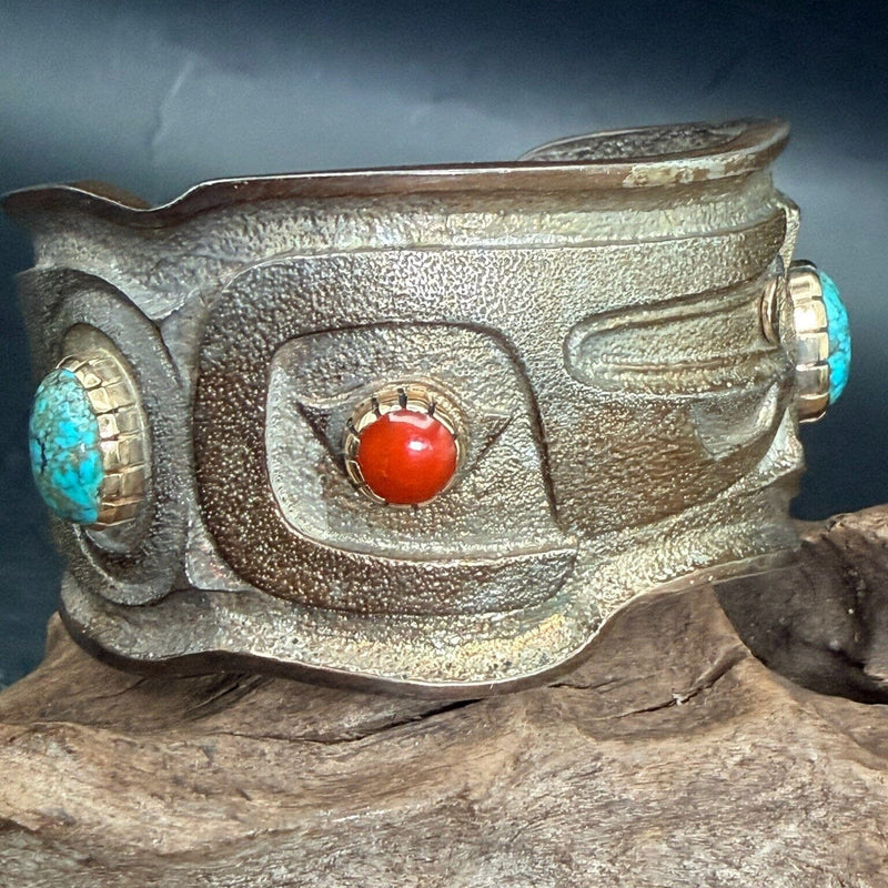 Sterling Silver/14K/Turq/Coral Tufa Cast Cuff - CMH241