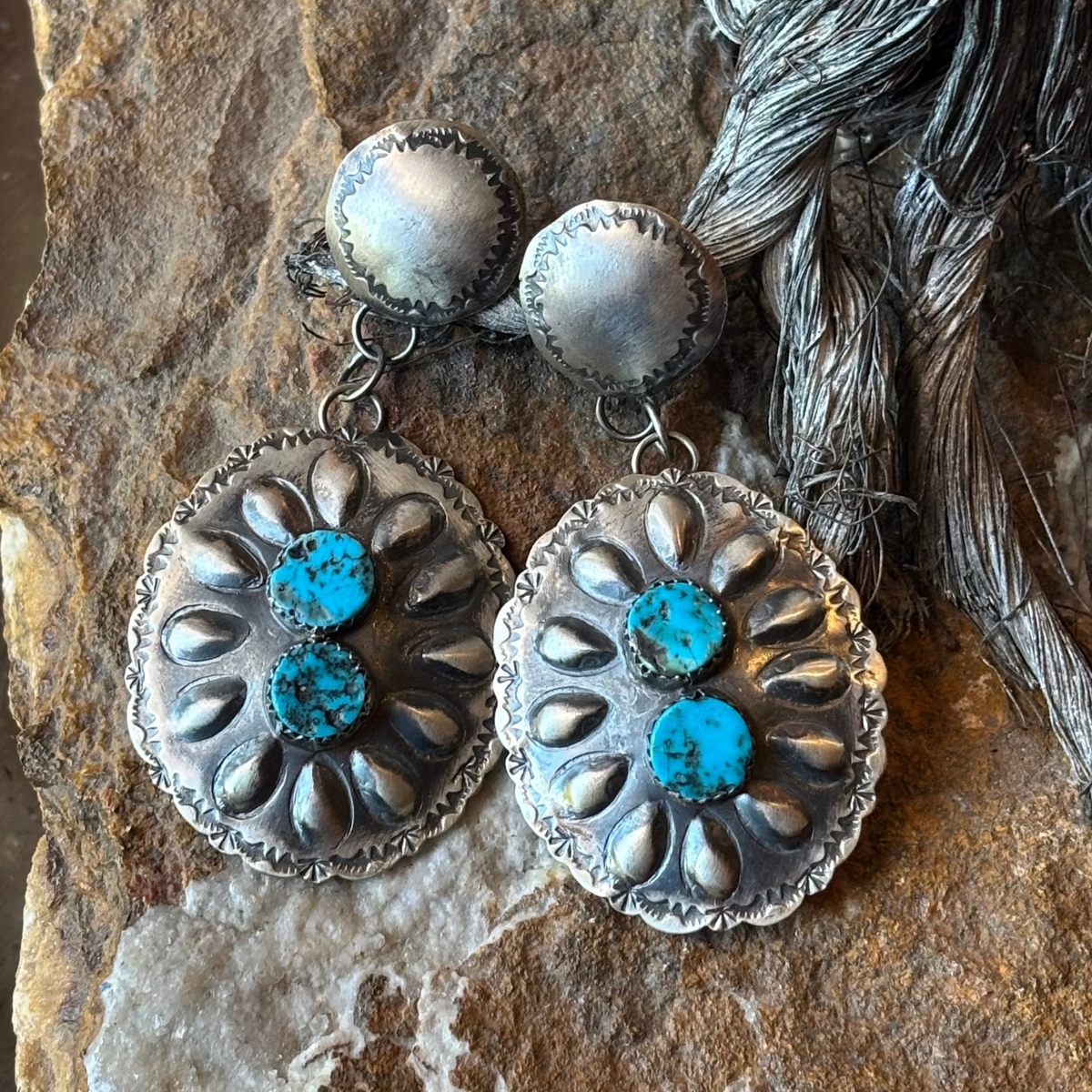 Sterling Stamped Concho/Turquoise Earrings - ECJW2