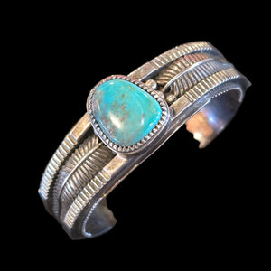 Sterling & Turquoise - 1-Stone - Feather Accent Cuff - CTL1
