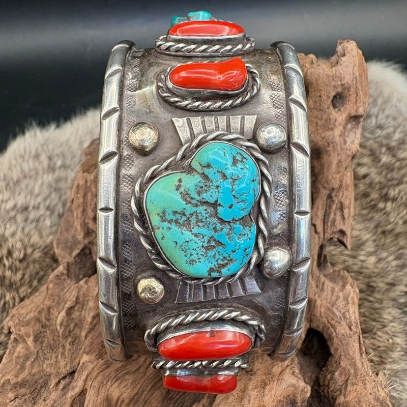 Sterling Vintage Cuff w/ Red Coral and Turq OLD - CMH326