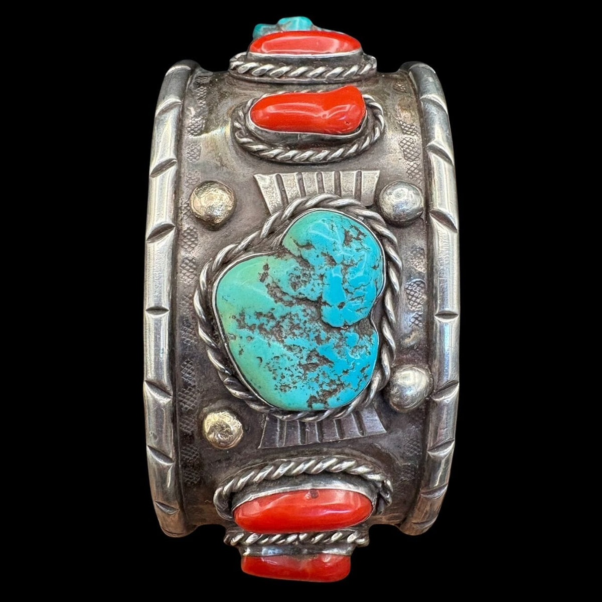 Sterling Vintage Cuff w/ Red Coral and Turq OLD - CMH326