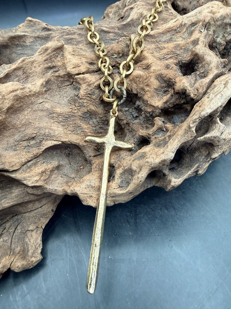 Stick Cross Plain/Brass Chain - NV2-SCPB