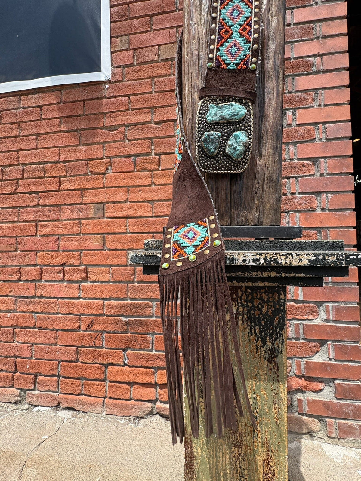 Studded & Beaded Orange and Turquoise Belt with Fringe - BTP2