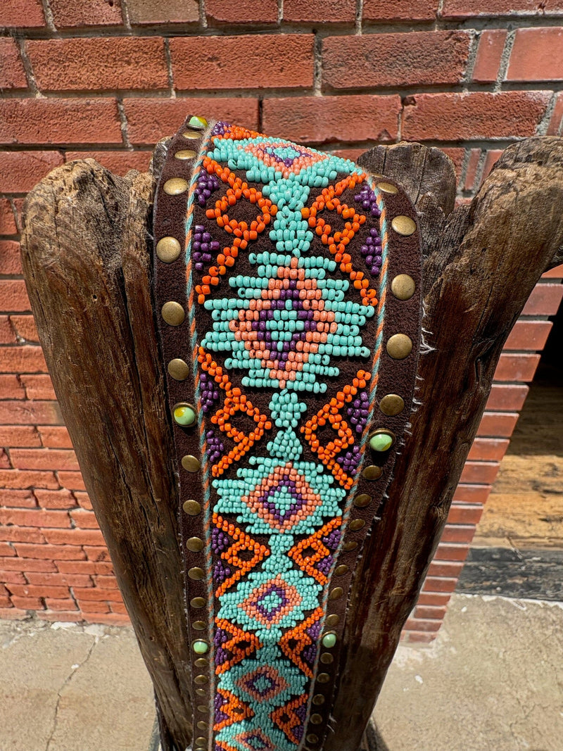 Studded & Beaded Orange and Turquoise Belt with Fringe - BTP2