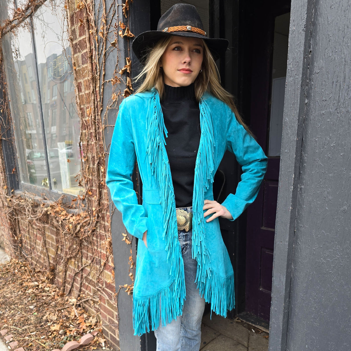 Suede Fringed Coat Turquoise Scully JSY2T - Main Image