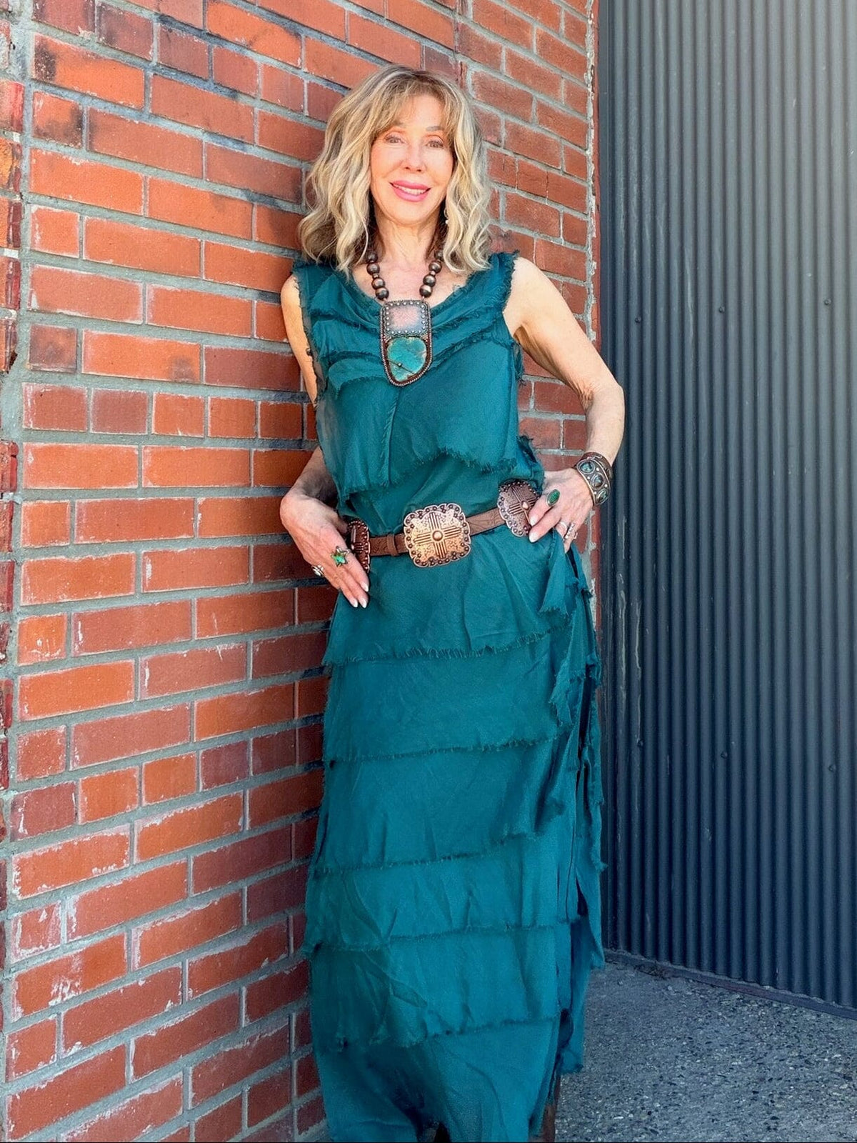 Teal Silk Tiered Maxi Dress - DGG2-TL