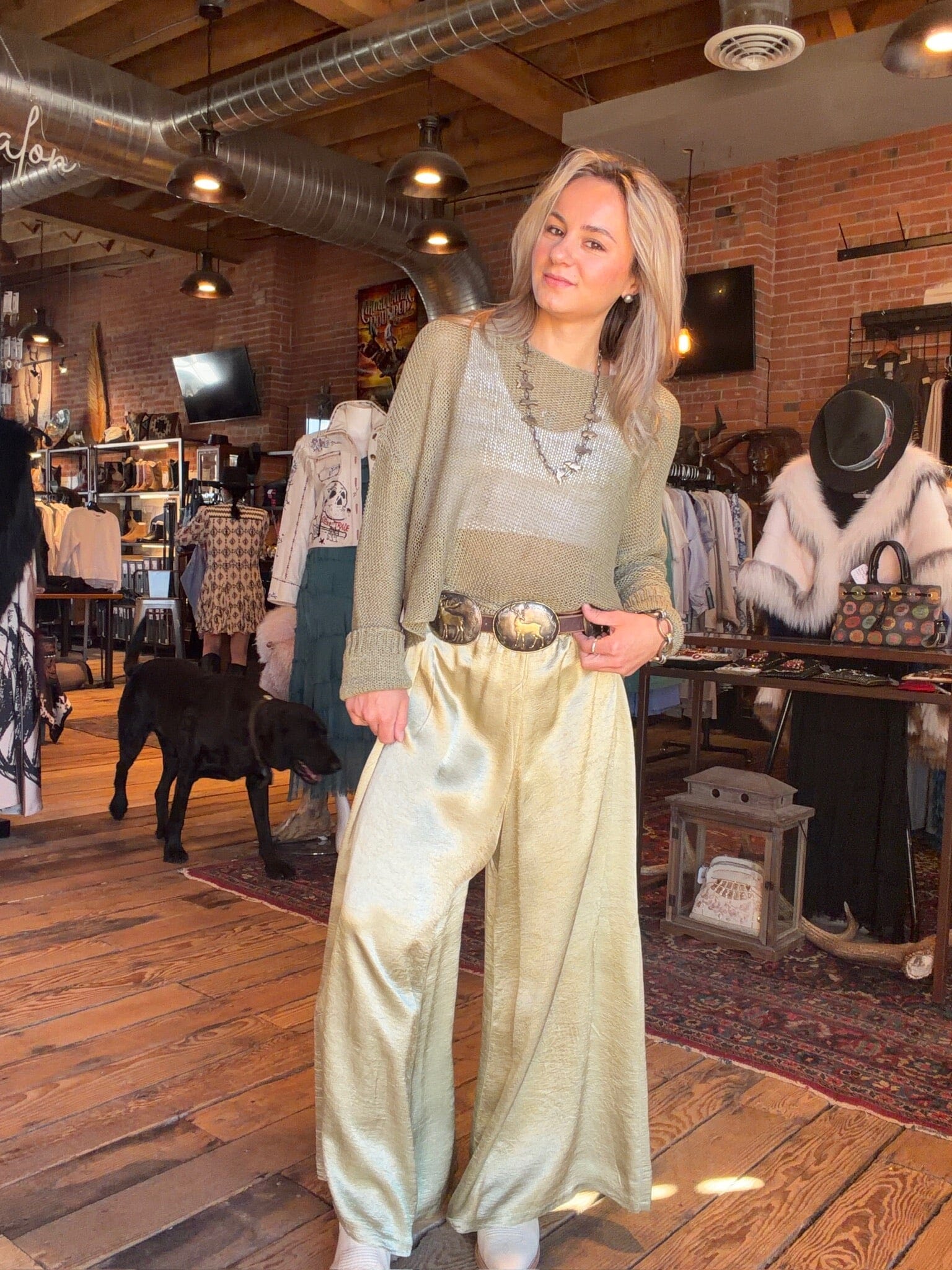 Textured Satin Palazzo Pant - Celadon - 4334