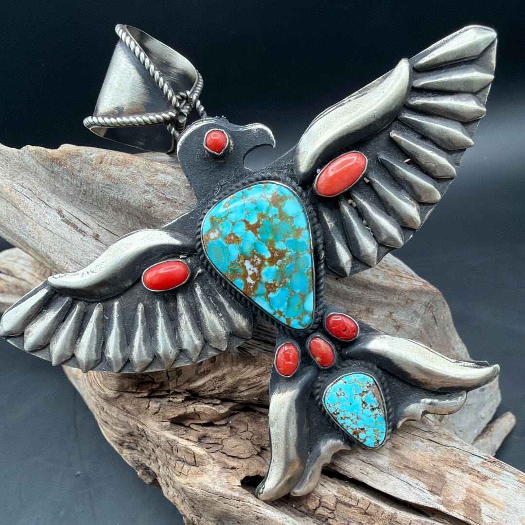 Thunderbird Turquoise & Coral Pendant - PAZ589