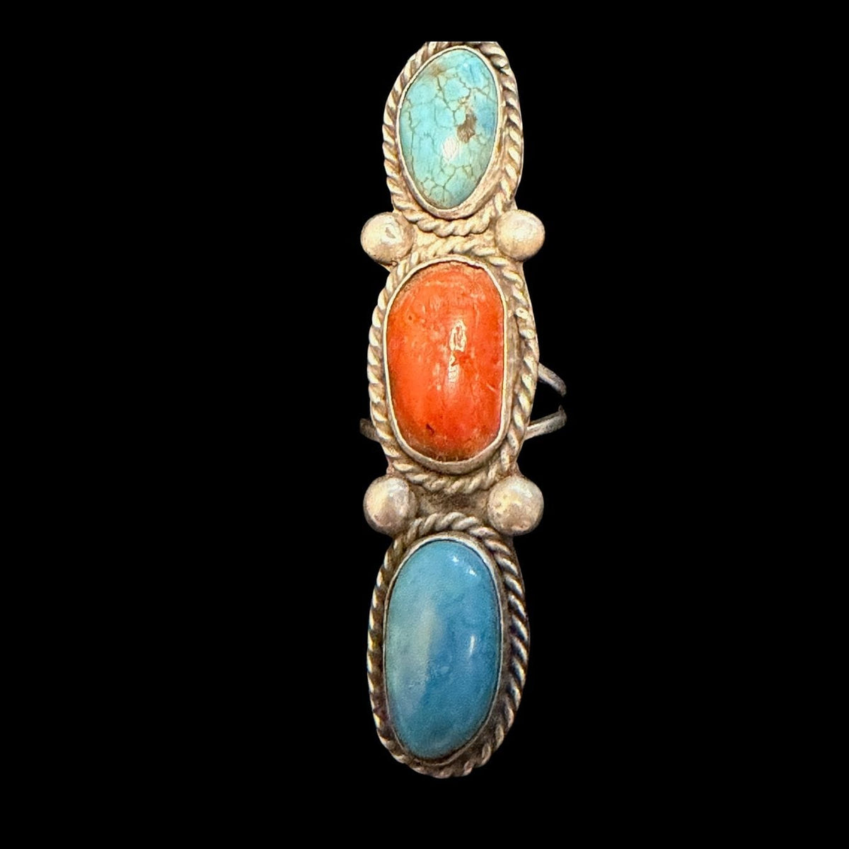Turquoise 2-Stone/Coral 1-Stone Ring - Size 10-3/4 - RMH370