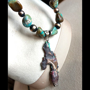 Turquoise and Copper Pearl Necklace with Copper Pendant - NSZ90