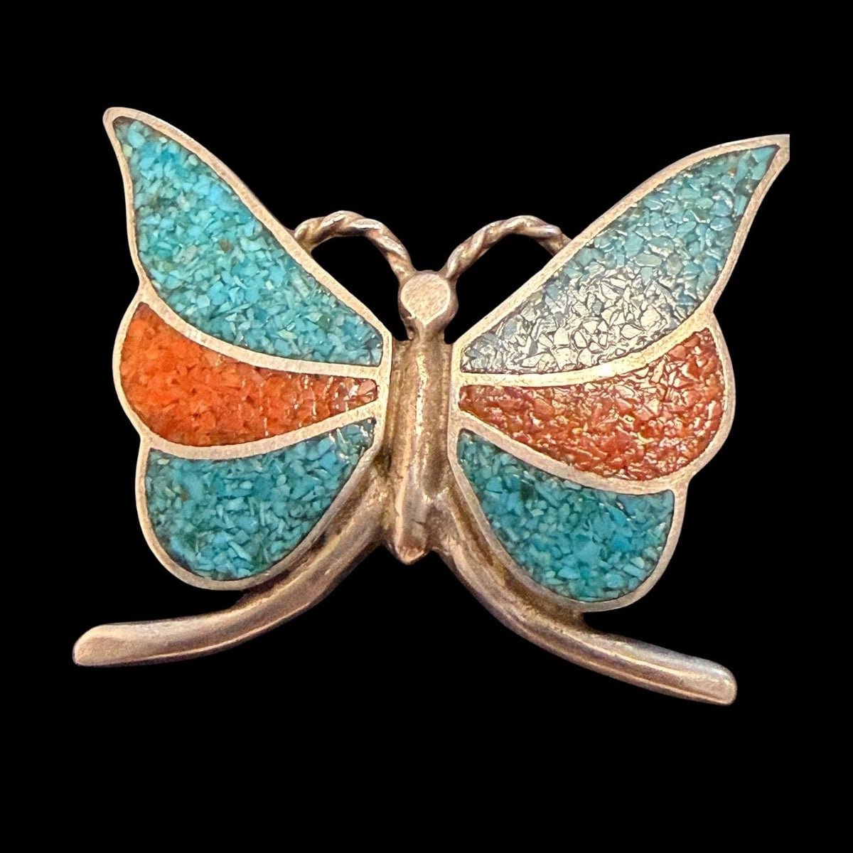 Turquoise / Coral Crushed Stone Butterfly Ring - Size 8 - RMH371
