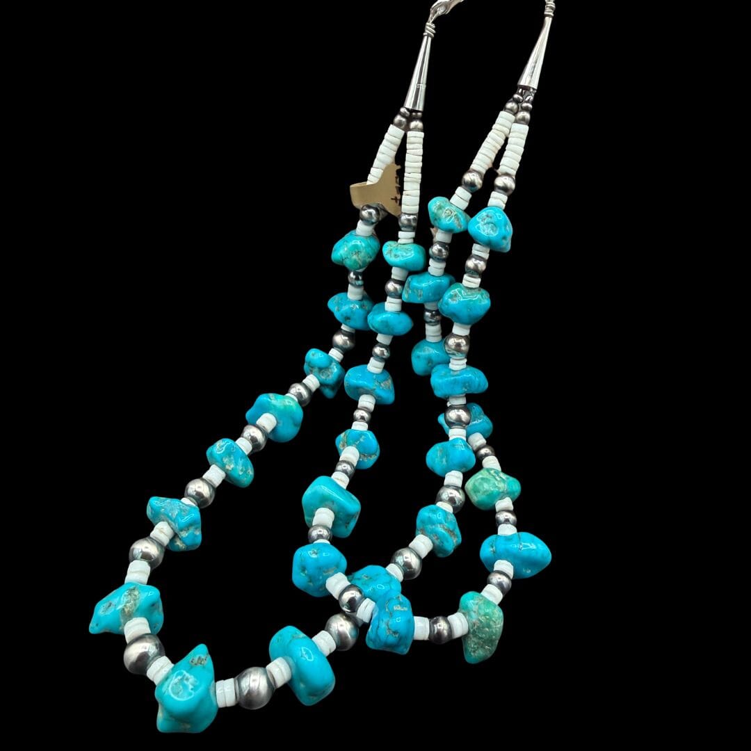 Turquoise Nugget / Silver Pearl / Heishi Shell Necklace - NOA36
