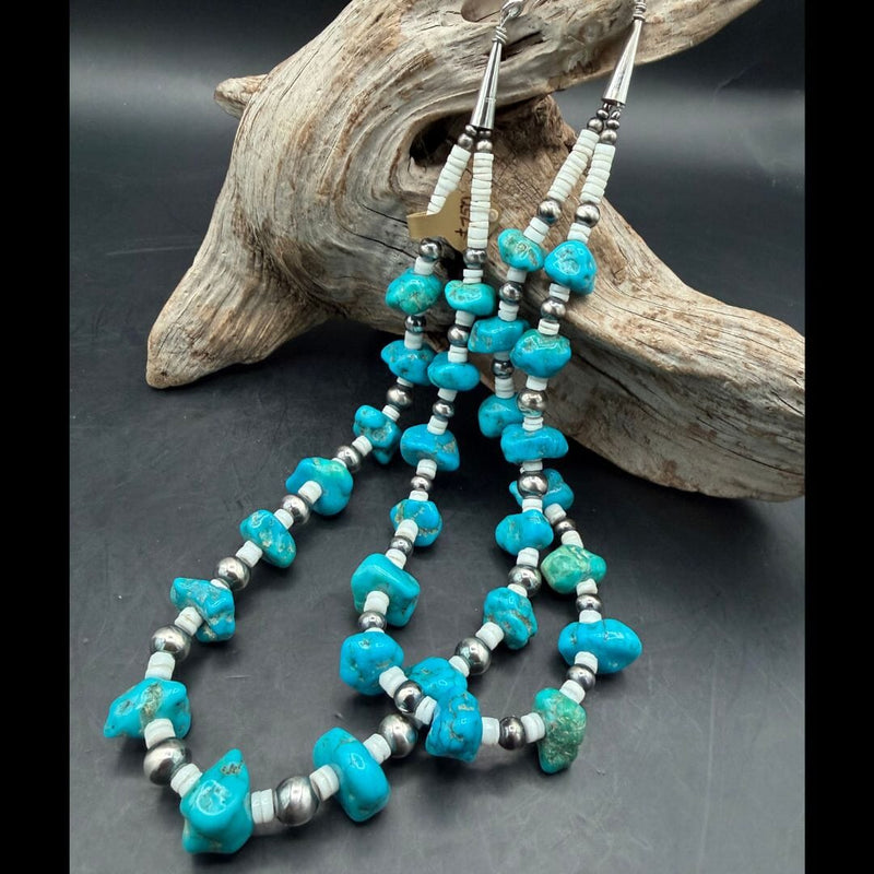 Turquoise Nugget / Silver Pearl / Heishi Shell Necklace - NOA36