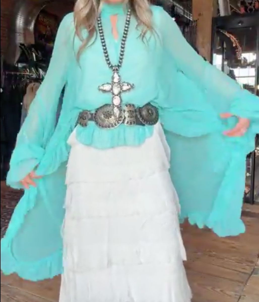 Turquoise Ruffle Mesh Blouse - 4809TQ