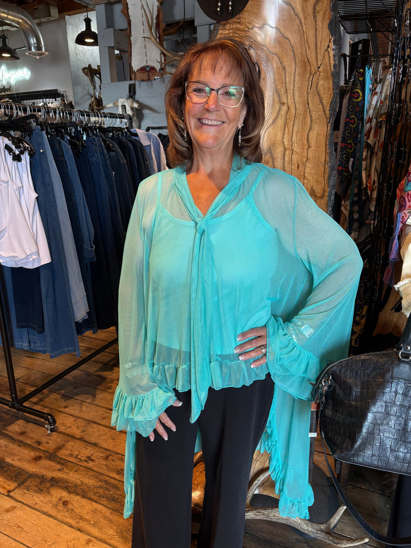 Turquoise Ruffle Mesh Blouse - 4809TQ
