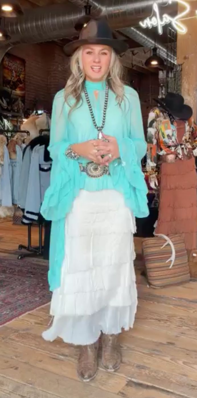 Turquoise Ruffle Mesh Blouse - 4809TQ