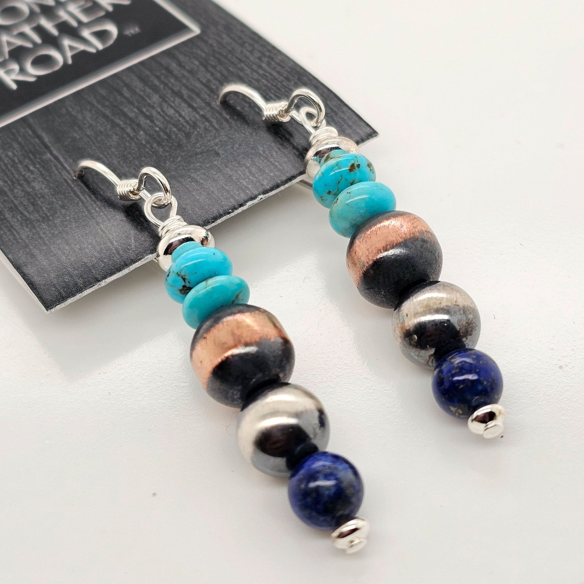 Turquoise / Silver Pearls / Lapis Stacked Earring - ESZ155