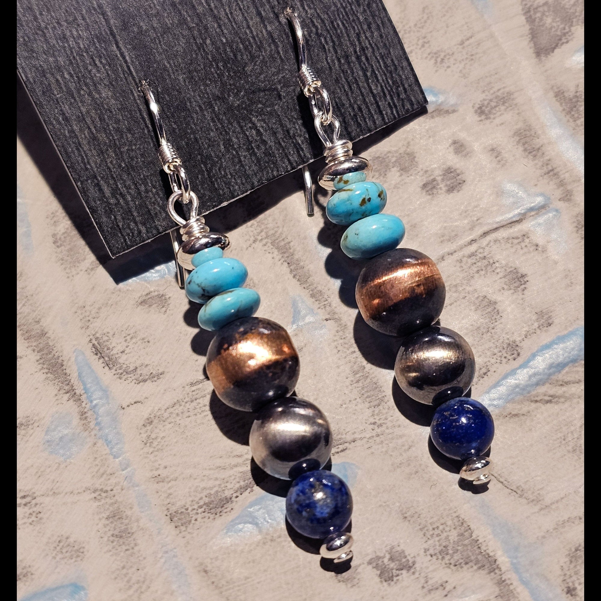 Turquoise / Silver Pearls / Lapis Stacked Earring - ESZ155