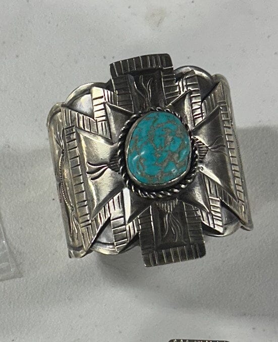 Turquoise Stamped German Silver Cuff - CBAR3