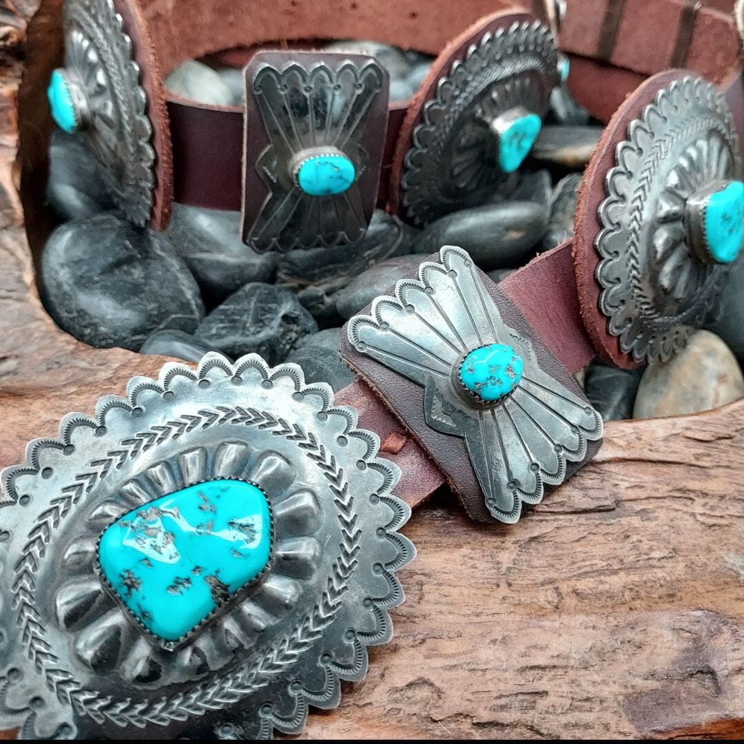 Turquoise & Sterling Silver Concho Belt – Brown Leather - BTMH3