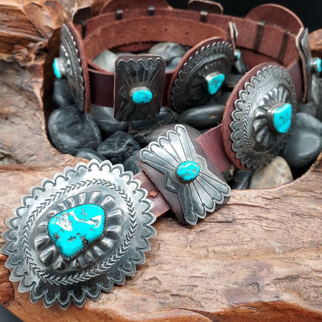 Turquoise & Sterling Silver Concho Belt – Brown Leather - BTMH3