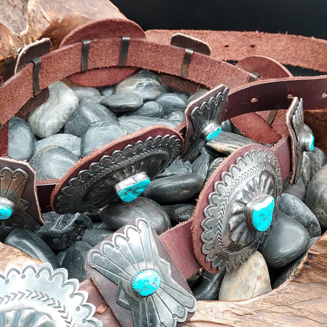 Turquoise & Sterling Silver Concho Belt – Brown Leather - BTMH3