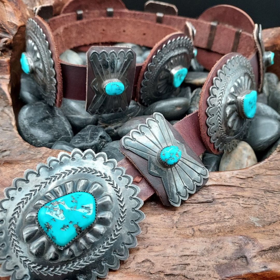 Turquoise & Sterling Silver Concho Belt – Brown Leather - BTMH3