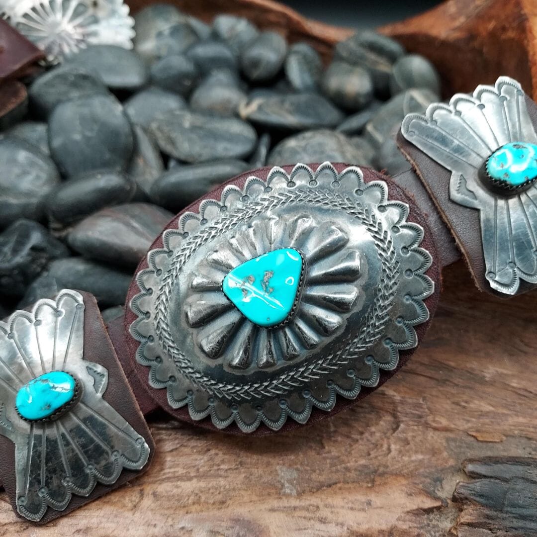 Turquoise & Sterling Silver Concho Belt – Brown Leather - BTMH3