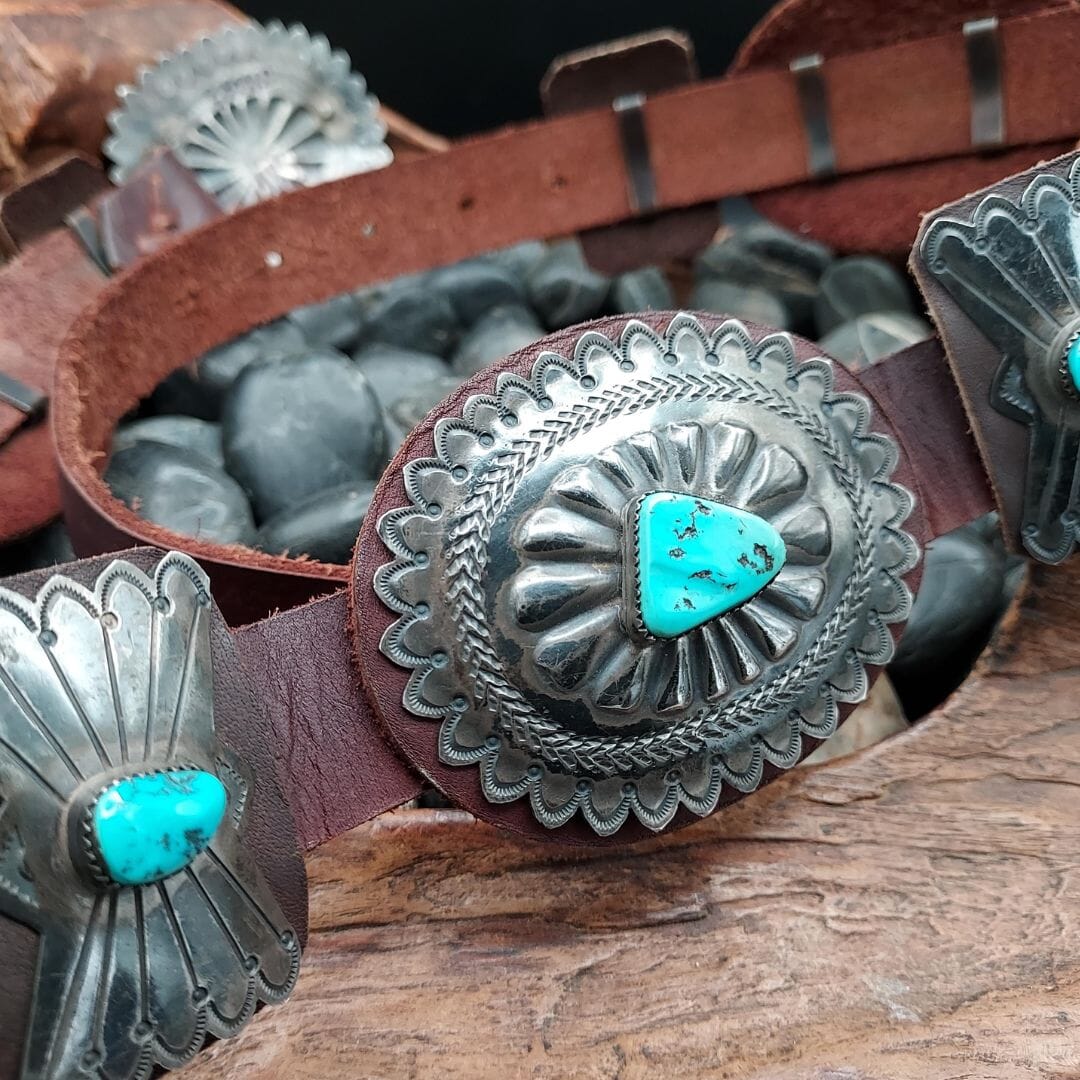 Turquoise & Sterling Silver Concho Belt – Brown Leather - BTMH3