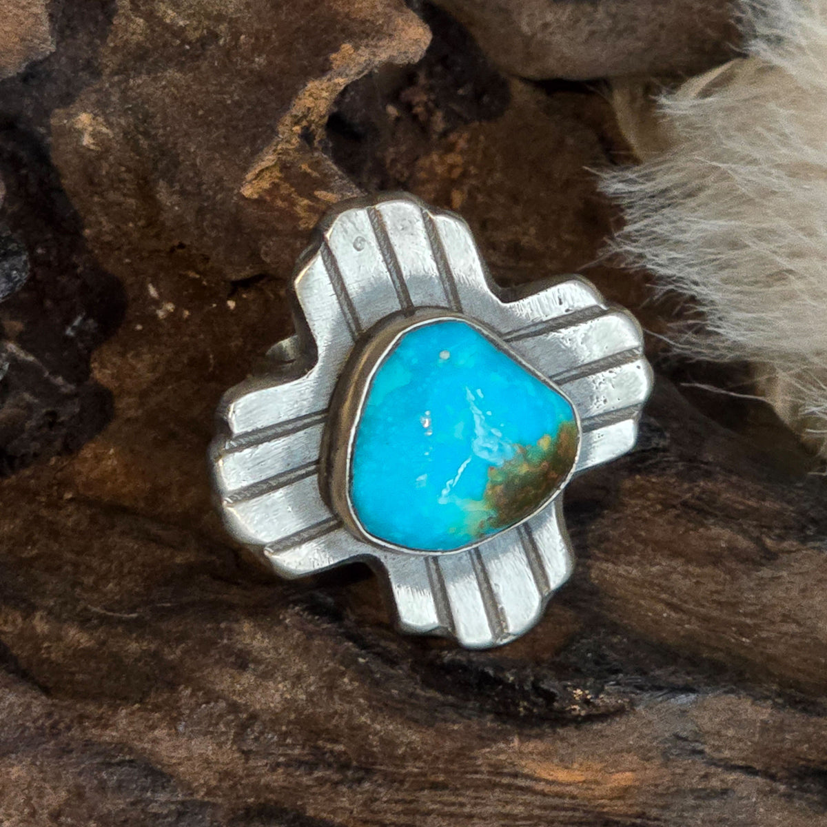 Turquoise & Sterling Silver Sun Ring - Size 8.5 - RCB5