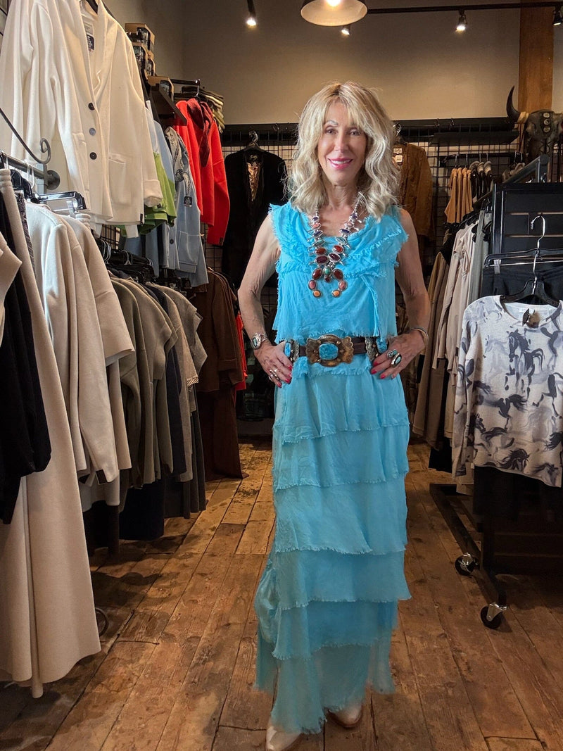 Turquoise Tiered Silk Maxi Dress - DGG2-TQ