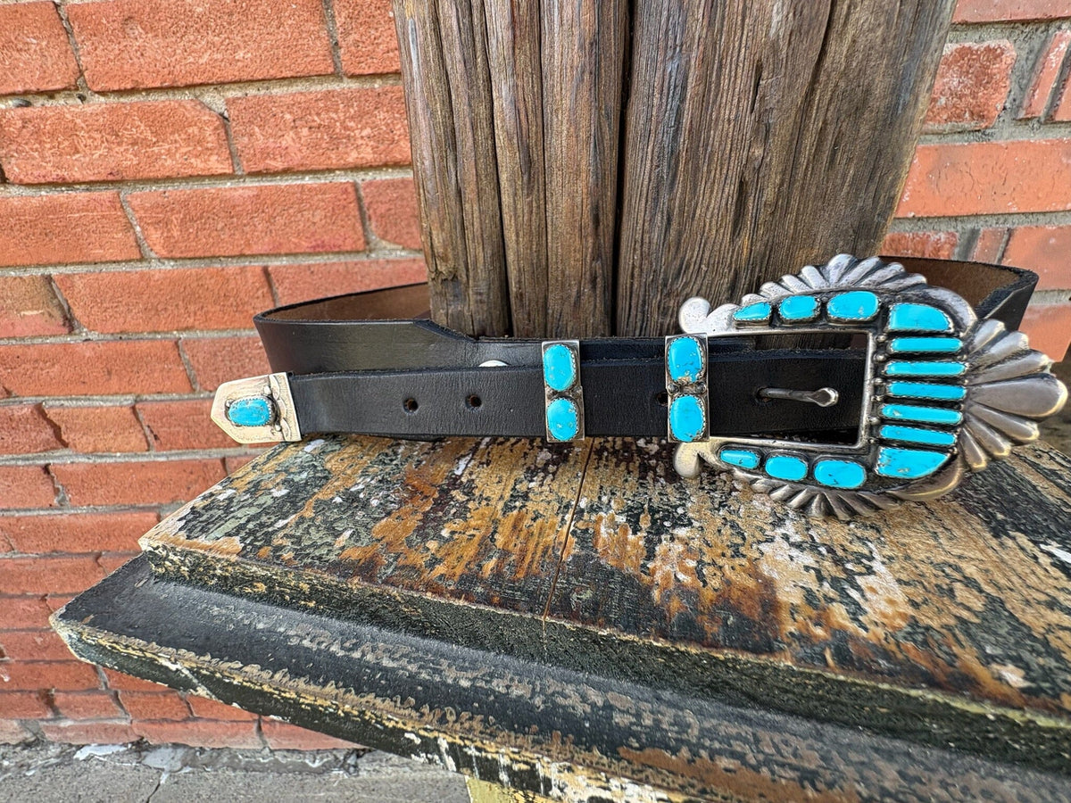 Turquoise/Black Leather Belt - BTMH10