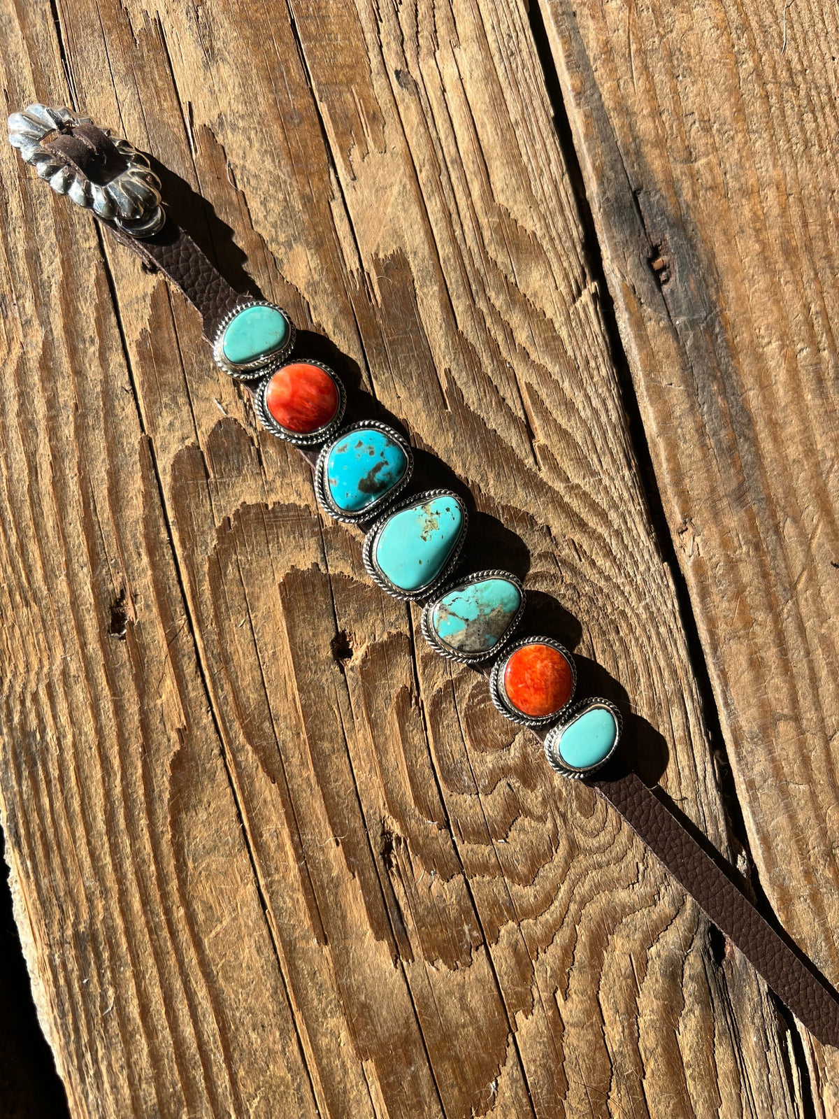 Turquoise/Spiny Oyster on Leather Bracelet - CAZ75