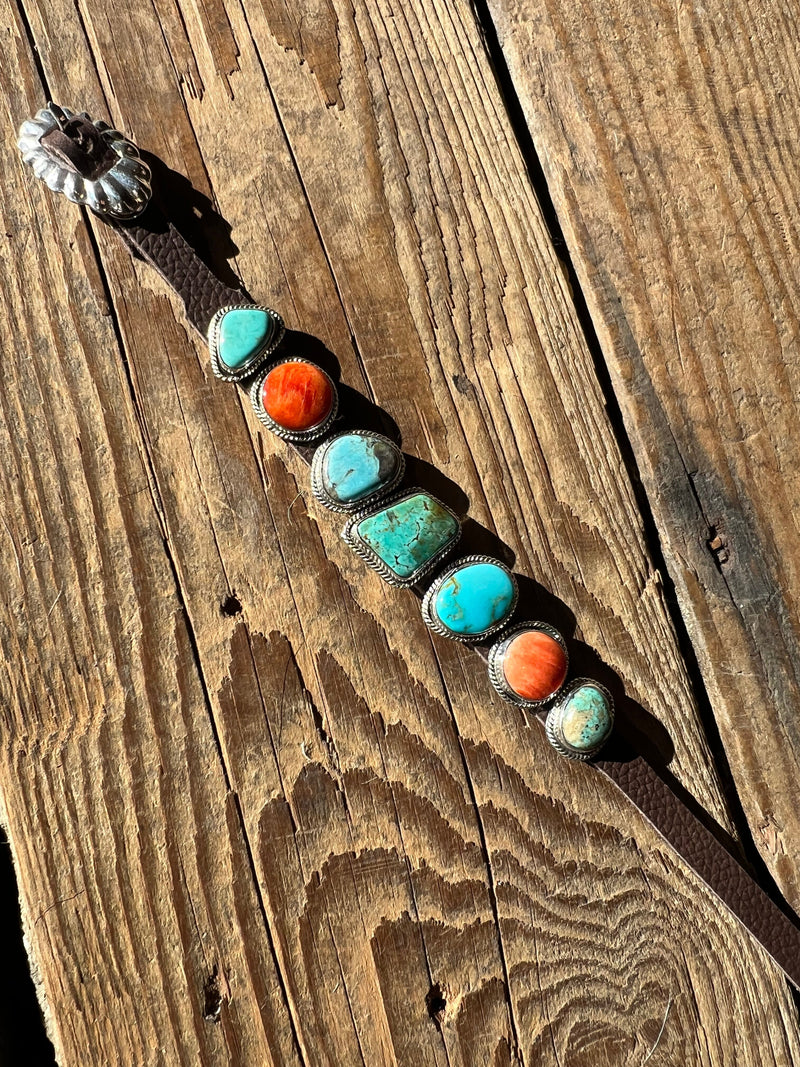 Turquoise/Spiny Oyster on Leather Bracelet - CAZ79