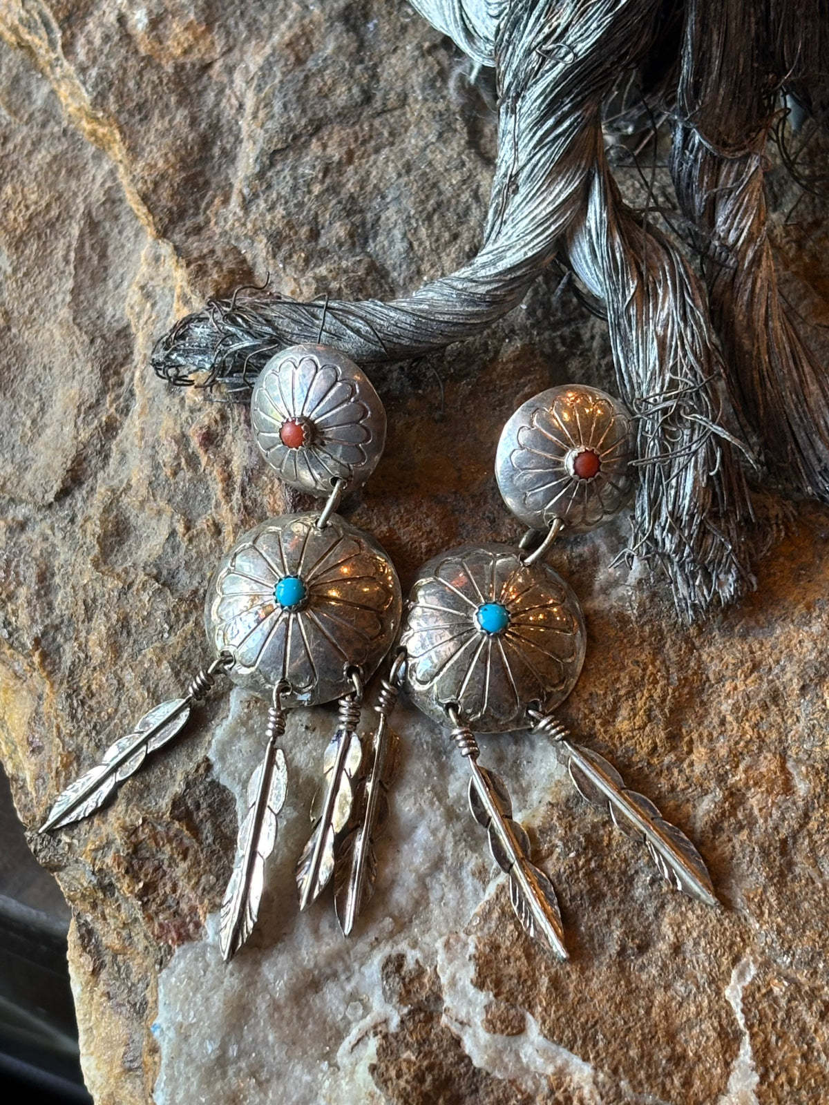 Two Tier Concho W/Feathers Earrings - EOA3